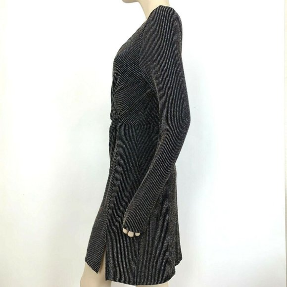 Row A Womens Cocktail long sleeve dress Sz Large L Nylon lurex Black Gold Silver - Picture 5 of 12